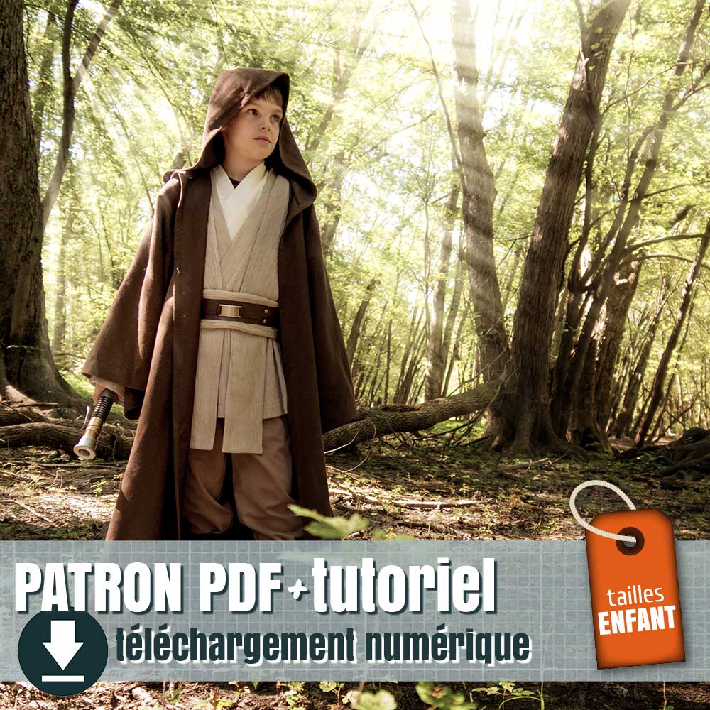 Jedi costume pattern for kid. Available sizes: 2 to 12 years old